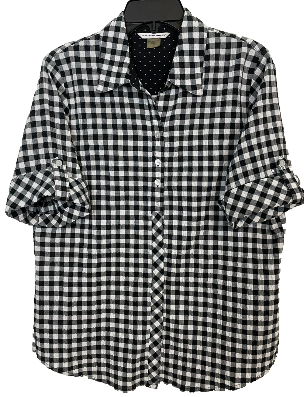 Allison Daley Cotton Black and White Checked Button up Blouse Sz 12 Short Sleeve
